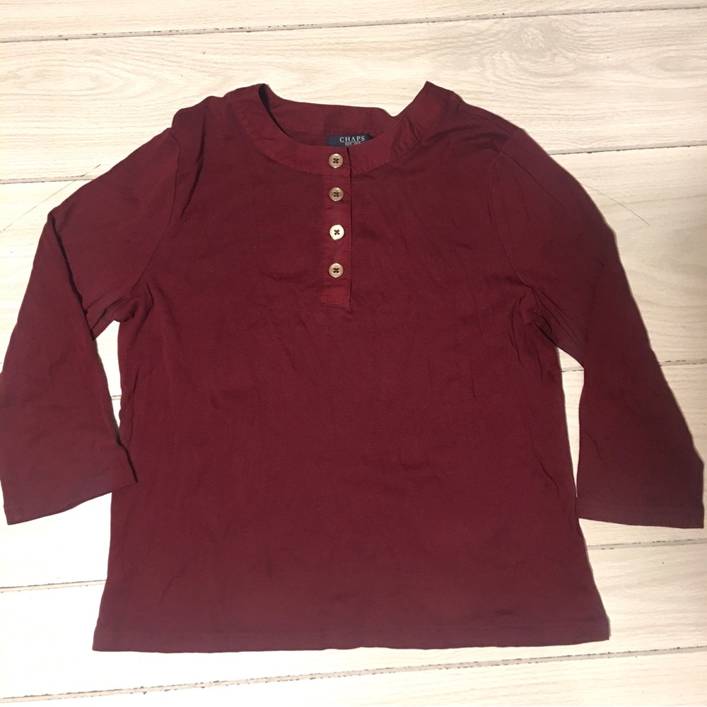Chaps Womens Petite XL Striped 3/4 Sleeve Shirt V Neck Burgundy - Picture 1 of 6